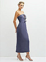 Side View Thumbnail - French Blue Rhinestone Bow Trimmed Peek-a-Boo Deep-V Midi Dress with Pencil Skirt