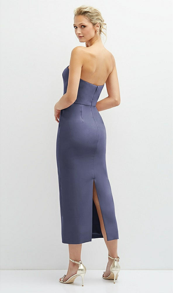Back View - French Blue Rhinestone Bow Trimmed Peek-a-Boo Deep-V Midi Dress with Pencil Skirt