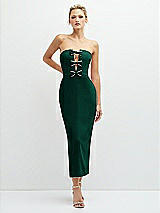 Front View Thumbnail - Hunter Green Rhinestone Bow Trimmed Peek-a-Boo Deep-V Midi Dress with Pencil Skirt