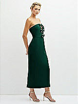 Side View Thumbnail - Hunter Green Rhinestone Bow Trimmed Peek-a-Boo Deep-V Midi Dress with Pencil Skirt