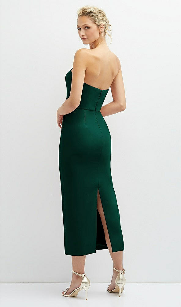 Back View - Hunter Green Rhinestone Bow Trimmed Peek-a-Boo Deep-V Midi Dress with Pencil Skirt
