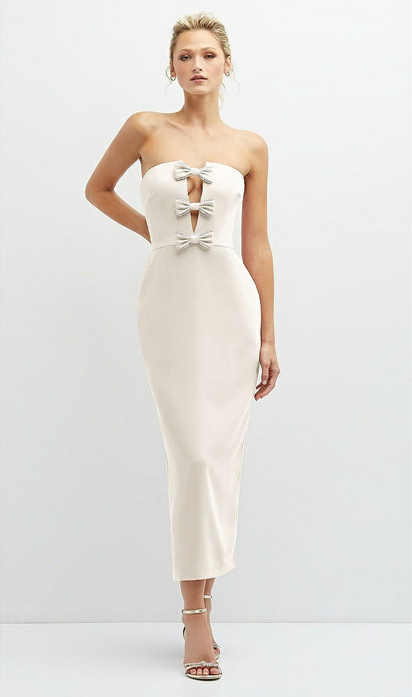 Front View - Ivory Rhinestone Bow Trimmed Peek-a-Boo Deep-V Midi Dress with Pencil Skirt