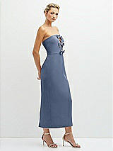 Side View Thumbnail - Larkspur Blue Rhinestone Bow Trimmed Peek-a-Boo Deep-V Midi Dress with Pencil Skirt