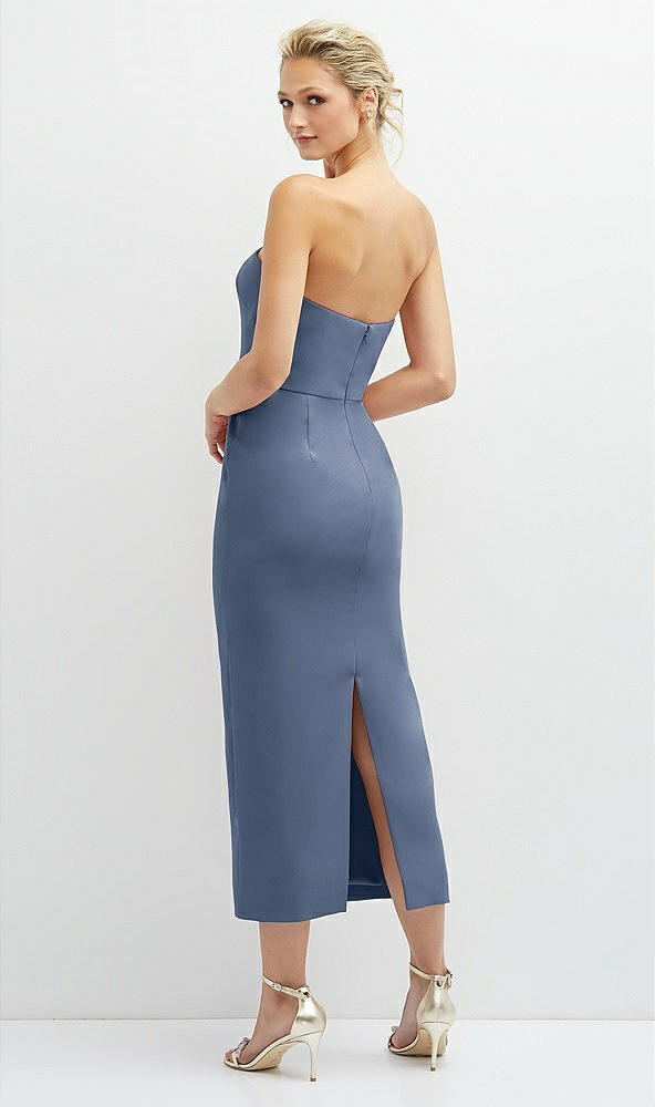 Back View - Larkspur Blue Rhinestone Bow Trimmed Peek-a-Boo Deep-V Midi Dress with Pencil Skirt