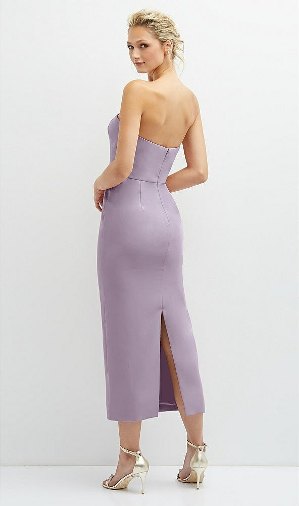 Back View - Lilac Haze Rhinestone Bow Trimmed Peek-a-Boo Deep-V Midi Dress with Pencil Skirt