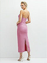 Rear View Thumbnail - Powder Pink Rhinestone Bow Trimmed Peek-a-Boo Deep-V Midi Dress with Pencil Skirt