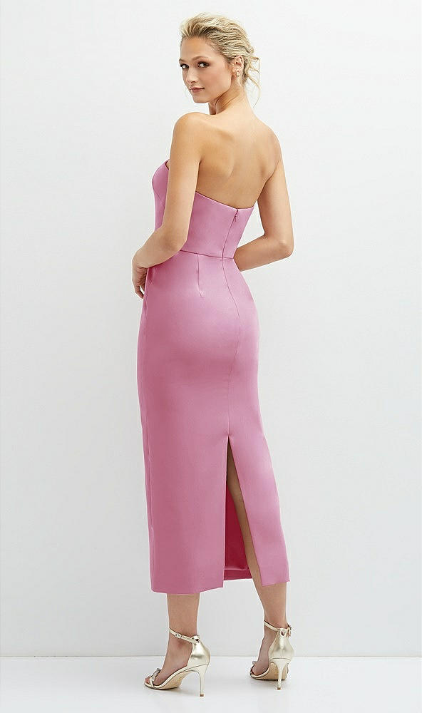 Back View - Powder Pink Rhinestone Bow Trimmed Peek-a-Boo Deep-V Midi Dress with Pencil Skirt