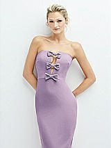 Alt View 1 Thumbnail - Pale Purple Rhinestone Bow Trimmed Peek-a-Boo Deep-V Midi Dress with Pencil Skirt