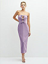 Front View Thumbnail - Pale Purple Rhinestone Bow Trimmed Peek-a-Boo Deep-V Midi Dress with Pencil Skirt