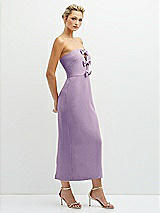 Side View Thumbnail - Pale Purple Rhinestone Bow Trimmed Peek-a-Boo Deep-V Midi Dress with Pencil Skirt