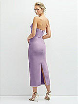 Rear View Thumbnail - Pale Purple Rhinestone Bow Trimmed Peek-a-Boo Deep-V Midi Dress with Pencil Skirt