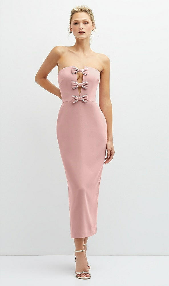 Front View - Rose - PANTONE Rose Quartz Rhinestone Bow Trimmed Peek-a-Boo Deep-V Midi Dress with Pencil Skirt