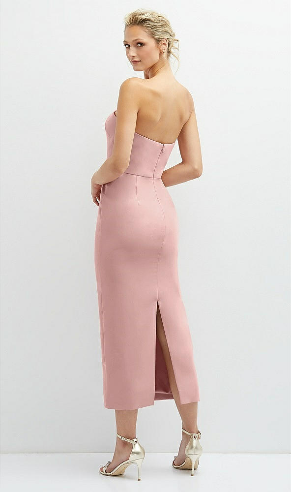 Back View - Rose - PANTONE Rose Quartz Rhinestone Bow Trimmed Peek-a-Boo Deep-V Midi Dress with Pencil Skirt