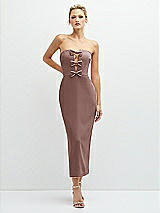 Front View Thumbnail - Sienna Rhinestone Bow Trimmed Peek-a-Boo Deep-V Midi Dress with Pencil Skirt