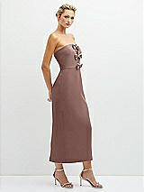 Side View Thumbnail - Sienna Rhinestone Bow Trimmed Peek-a-Boo Deep-V Midi Dress with Pencil Skirt