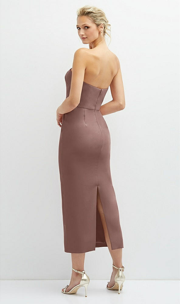 Back View - Sienna Rhinestone Bow Trimmed Peek-a-Boo Deep-V Midi Dress with Pencil Skirt
