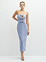 Front View Thumbnail - Sky Blue Rhinestone Bow Trimmed Peek-a-Boo Deep-V Midi Dress with Pencil Skirt