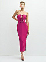 Front View Thumbnail - Think Pink Rhinestone Bow Trimmed Peek-a-Boo Deep-V Midi Dress with Pencil Skirt