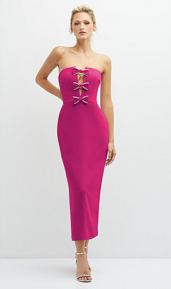 Front View - Think Pink Rhinestone Bow Trimmed Peek-a-Boo Deep-V Midi Dress with Pencil Skirt