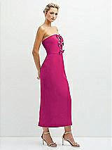Side View Thumbnail - Think Pink Rhinestone Bow Trimmed Peek-a-Boo Deep-V Midi Dress with Pencil Skirt