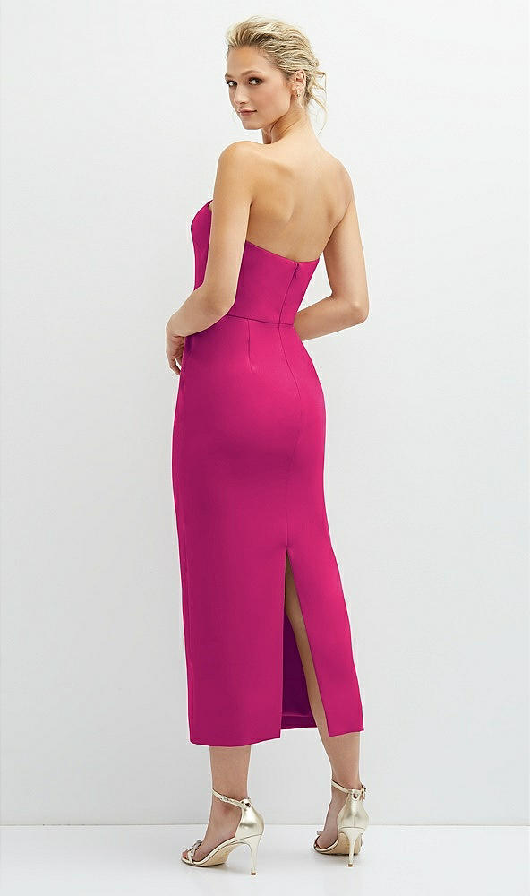 Back View - Think Pink Rhinestone Bow Trimmed Peek-a-Boo Deep-V Midi Dress with Pencil Skirt