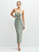 Front View Thumbnail - Willow Green Rhinestone Bow Trimmed Peek-a-Boo Deep-V Midi Dress with Pencil Skirt