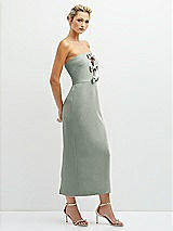 Side View Thumbnail - Willow Green Rhinestone Bow Trimmed Peek-a-Boo Deep-V Midi Dress with Pencil Skirt