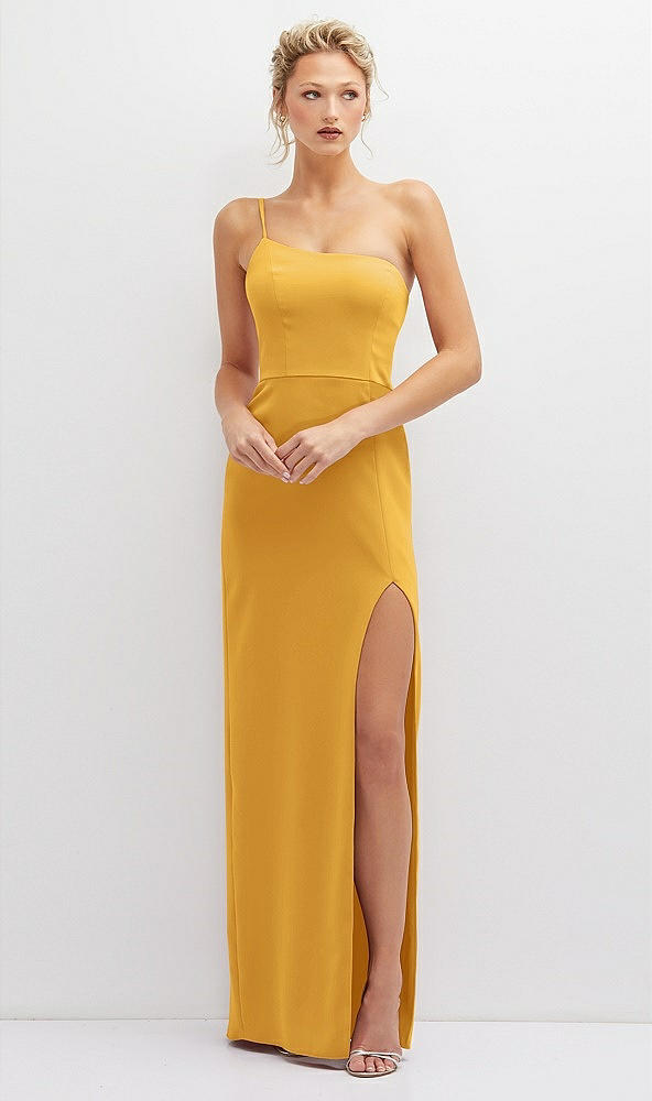 Front View - NYC Yellow Sleek One-Shoulder Crepe Column Dress with Cut-Away Slit