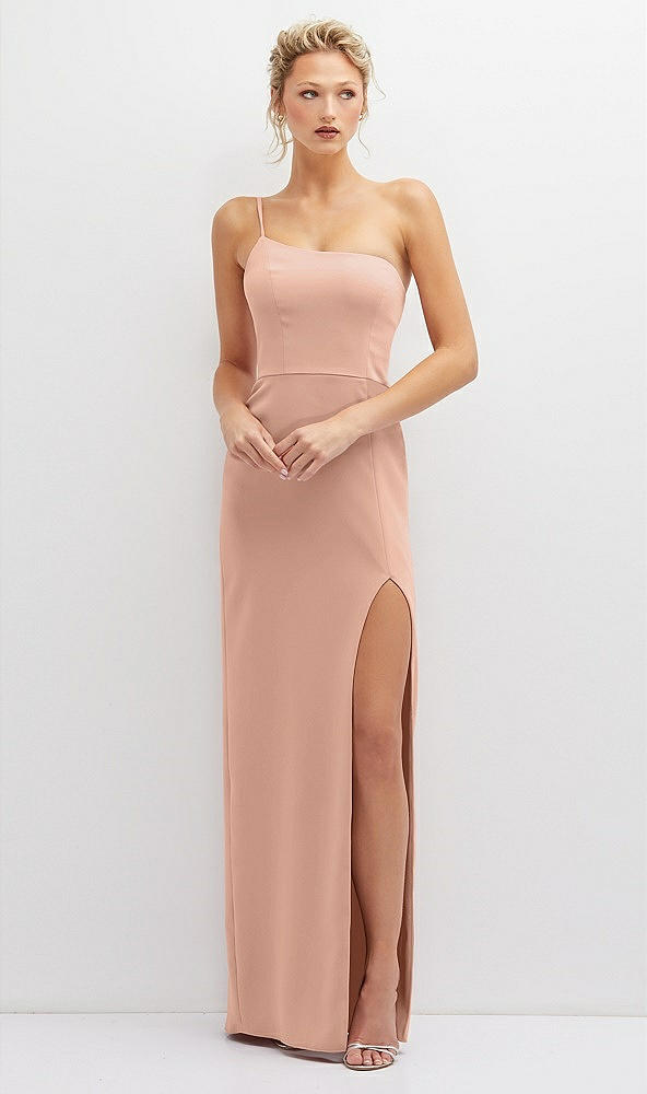 Front View - Pale Peach Sleek One-Shoulder Crepe Column Dress with Cut-Away Slit