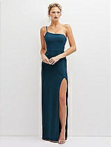 Front View Thumbnail - Atlantic Blue Sleek One-Shoulder Crepe Column Dress with Cut-Away Slit