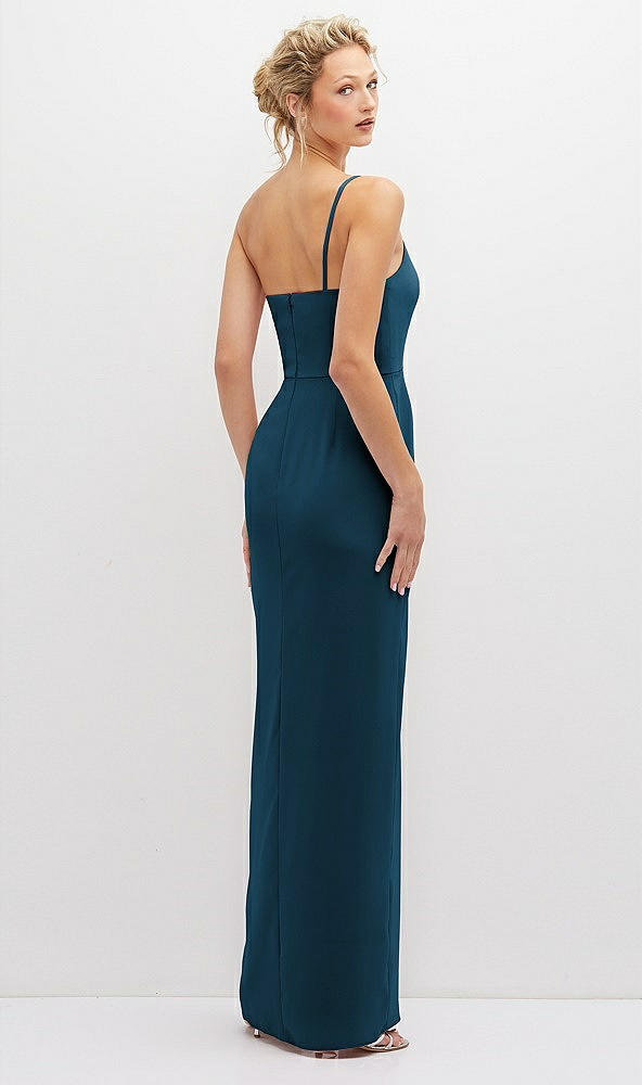 Back View - Atlantic Blue Sleek One-Shoulder Crepe Column Dress with Cut-Away Slit