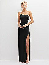 Front View Thumbnail - Black Sleek One-Shoulder Crepe Column Dress with Cut-Away Slit