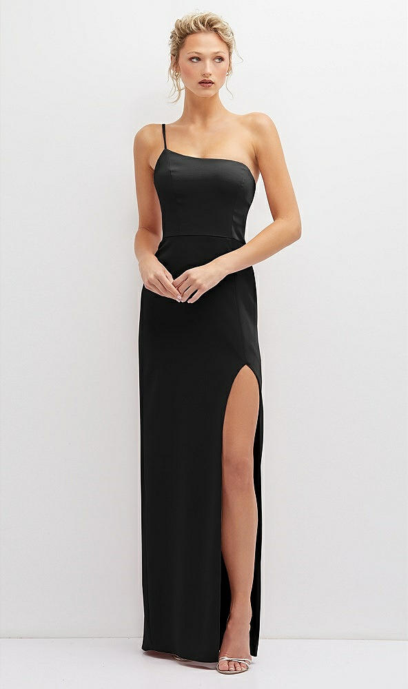 Front View - Black Sleek One-Shoulder Crepe Column Dress with Cut-Away Slit