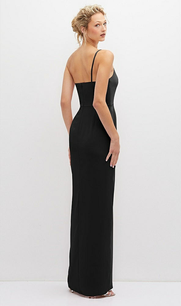 Back View - Black Sleek One-Shoulder Crepe Column Dress with Cut-Away Slit