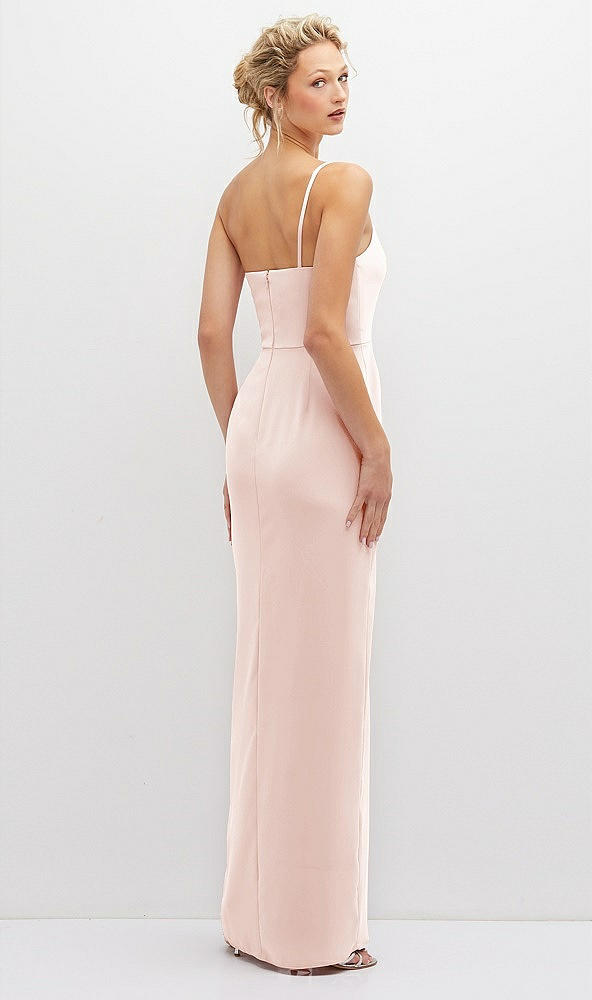 Back View - Blush Sleek One-Shoulder Crepe Column Dress with Cut-Away Slit