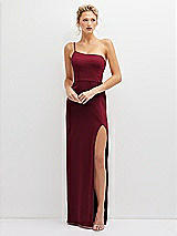 Front View Thumbnail - Burgundy Sleek One-Shoulder Crepe Column Dress with Cut-Away Slit