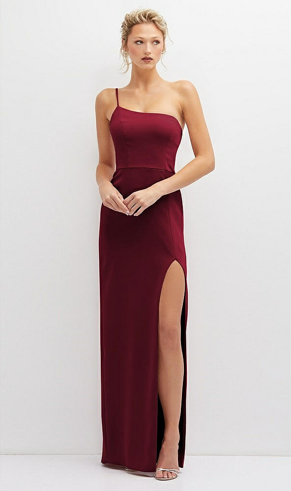 Front View - Burgundy Sleek One-Shoulder Crepe Column Dress with Cut-Away Slit