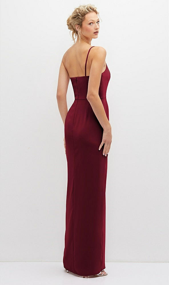 Back View - Burgundy Sleek One-Shoulder Crepe Column Dress with Cut-Away Slit