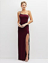 Front View Thumbnail - Cabernet Sleek One-Shoulder Crepe Column Dress with Cut-Away Slit