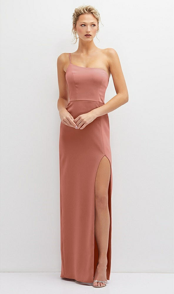 Front View - Desert Rose Sleek One-Shoulder Crepe Column Dress with Cut-Away Slit