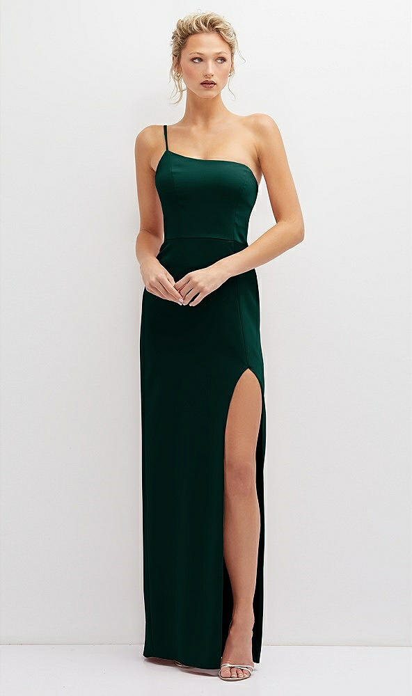 Front View - Evergreen Sleek One-Shoulder Crepe Column Dress with Cut-Away Slit