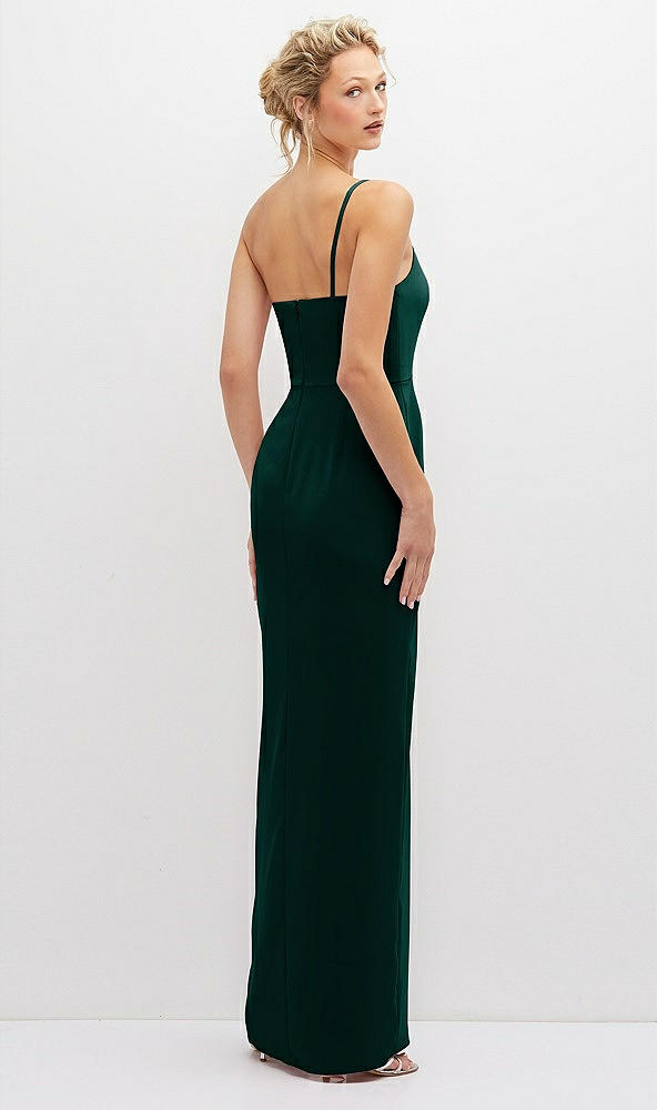 Back View - Evergreen Sleek One-Shoulder Crepe Column Dress with Cut-Away Slit