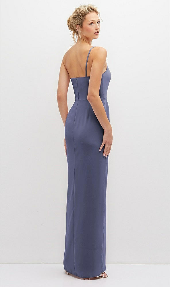 Back View - French Blue Sleek One-Shoulder Crepe Column Dress with Cut-Away Slit