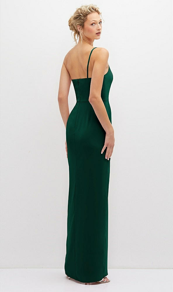 Back View - Hunter Green Sleek One-Shoulder Crepe Column Dress with Cut-Away Slit