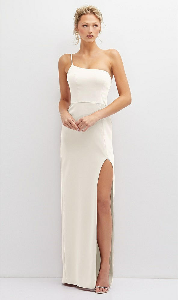 Front View - Ivory Sleek One-Shoulder Crepe Column Dress with Cut-Away Slit