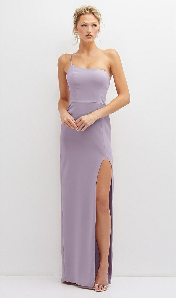 Front View - Lilac Haze Sleek One-Shoulder Crepe Column Dress with Cut-Away Slit