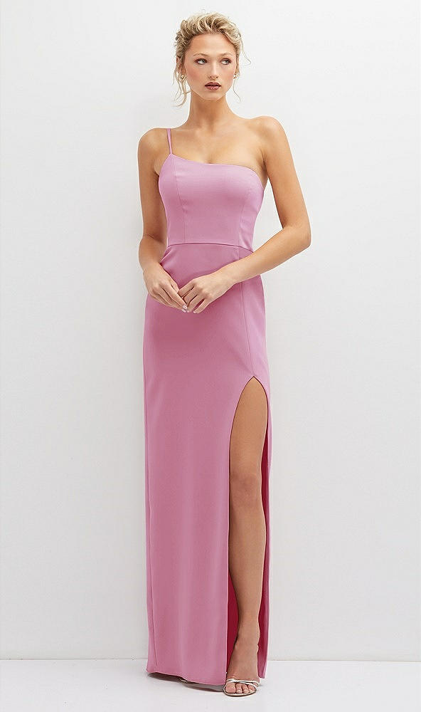 Front View - Powder Pink Sleek One-Shoulder Crepe Column Dress with Cut-Away Slit