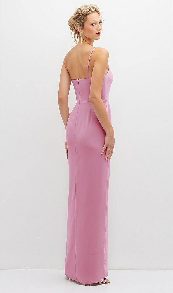 Back View - Powder Pink Sleek One-Shoulder Crepe Column Dress with Cut-Away Slit