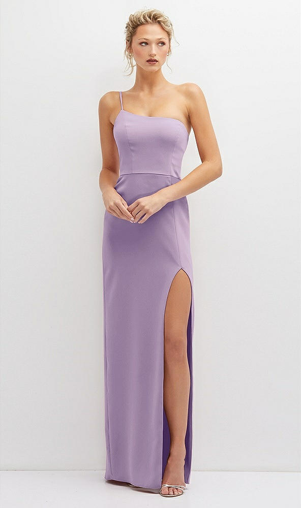 Front View - Pale Purple Sleek One-Shoulder Crepe Column Dress with Cut-Away Slit