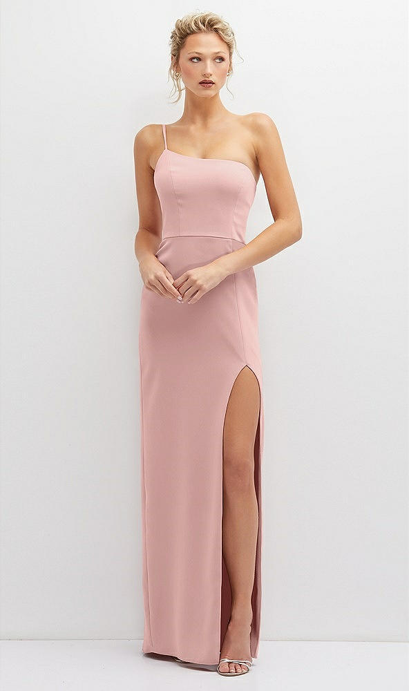 Front View - Rose - PANTONE Rose Quartz Sleek One-Shoulder Crepe Column Dress with Cut-Away Slit